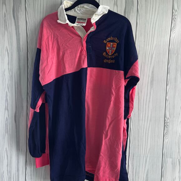 Vintage 90s  Polo Rugby Halbro Cambridge University Patch Large Pink Blue - Picture 1 of 6